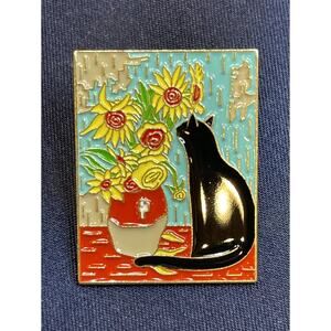 NWOT: Cat Sunflowers Brooch Pin Yellow Enamel Van Gogh Art Animals Collectible